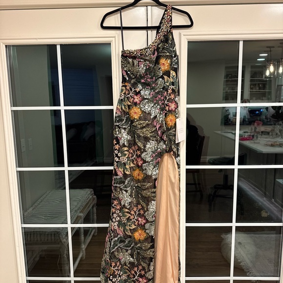 Mac Duggal Dresses & Skirts - Mac Duggal One-Shoulder Floral Sequin Gown in Black, Gold, Pink